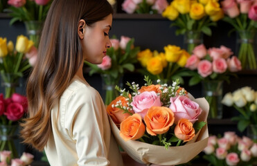 A professional female florist holds in her hands a beautiful bouquet of bright flowers against the background of a flower counter. The concept of floristry and flower business