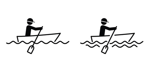 Cartoon rowing boat and paddle icon. Pleasure row boat with oars. Rowing, rower silhouette. Water transport, fishing boat.Maritime kayak boat. Water wave. rowboat for fun and holiday sports. © MarkRademaker