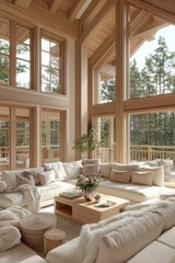 Fototapeta premium Loft house design featuring spacious living area with large windows and natural wood accents in a serene forest setting