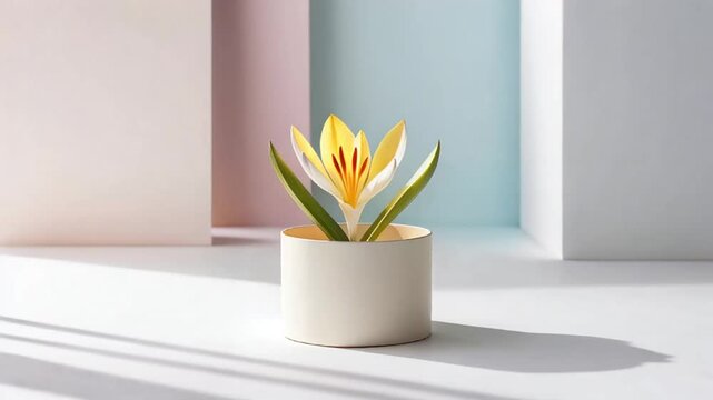 Beautiful crocus flower in a round box on a pastel background
