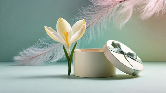 Beautiful crocus flower in a round box on a pastel background