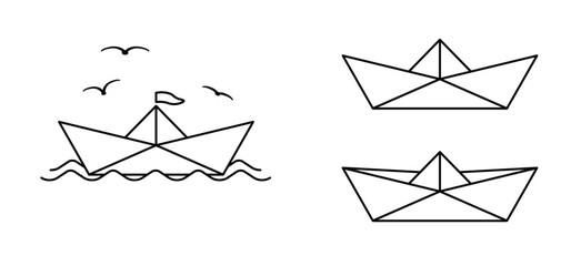 Cartoon paper boat, paper ship. Paper sailing boats. Line folded ships pattern. Water wave sign. Leadership concept idea. Origami paper.