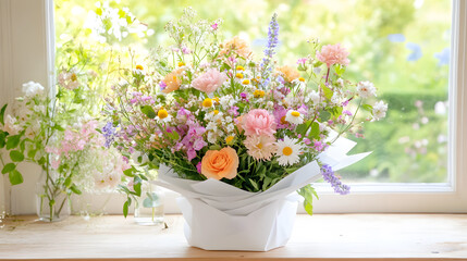 Fototapeta premium vibrant bouquet of assorted wildflowers in white paper, brightening room