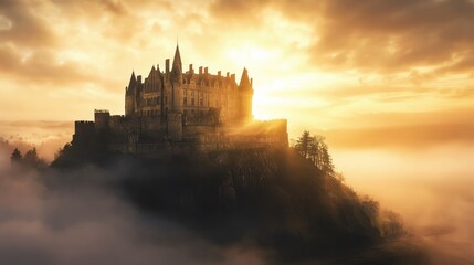 Obraz premium Majestic castle sunrise over misty hills fantasy landscape photography enchanted environment serene viewpoint dreamlike concept