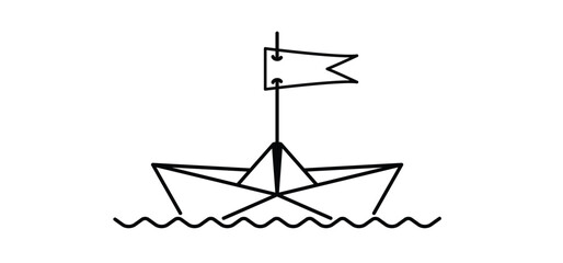 Cartoon paper boat, paper ship. Paper sailing boats. Line folded ships pattern. Water wave sign. Leadership concept idea. Origami paper.