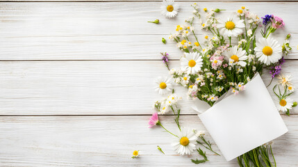 Obraz premium bouquet of assorted wildflowers in white paper, bright and cheerful