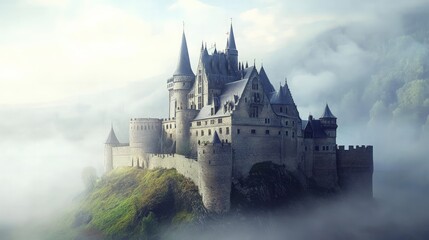 Fototapeta premium Majestic castle rising from misty mountains fantasy landscape digital art enchanted realm aerial view imagination unleashed