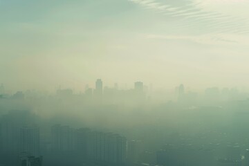 Fototapeta premium Foggy Cityscape Obscured by Thick Smog in Urban Environment Featuring Silhouetted Buildings and a Hazy Skyline