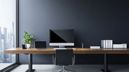 Modern office workspace setup urban cityscape interior design contemporary environment clean viewpoint productivity concept