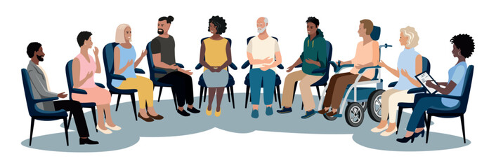 Men and women of different nationalities and ages sit in group therapy with a psychologist. Vector illustration in flat style on a white background.