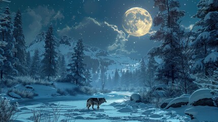 A serene winter landscape featuring a wolf under a full moon in a snowy forest.