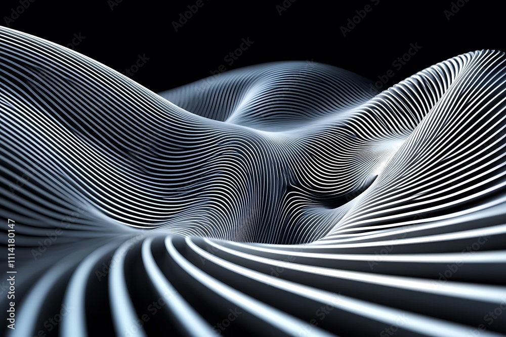 Poster Abstract 3D rendering of flowing, white lines creating a wave-like pattern against a black background.