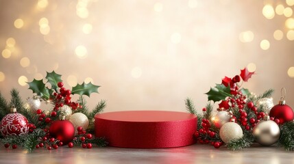 Christmas display with a red podium in the center, adorned with Christmas ornaments, holly, and fir branches. 