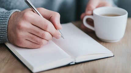 Man writing in a notebook while enjoying a cup of coffee at a cozy table, AI