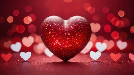 Glittery heart ornament hanging by a ribbon, surrounded by soft bokeh hearts on a pink background. Concept of love and romance. Valentines day background