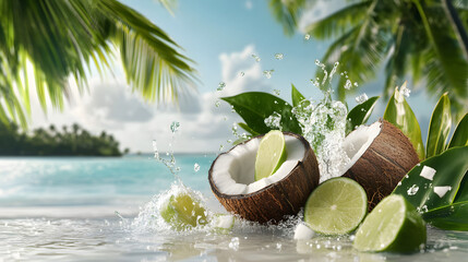 Obraz premium Fresh coconut halves with lime splashing in tropical setting