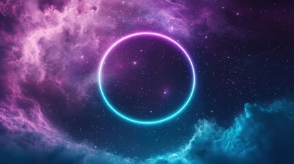 Neon Circular door frame A neon circular door frame floating in a cosmic void, with stars and nebulae swirling around.