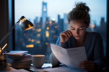 A contemplative woman studies important documents in a city office, highlighting the aspects of work-life balance and dedication in a bustling urban environment after hours.