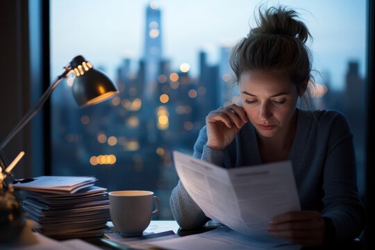 A contemplative woman studies important documents in a city office, highlighting the aspects of work-life balance and dedication in a bustling urban environment after hours. - Powered by Adobe
