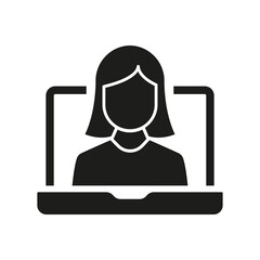 Online Video Call with Woman Silhouette Icon for Virtual Support and Communication. Online Video Conference Glyph Symbol. Virtual Meeting and Remote Communication. Isolated Vector Illustration