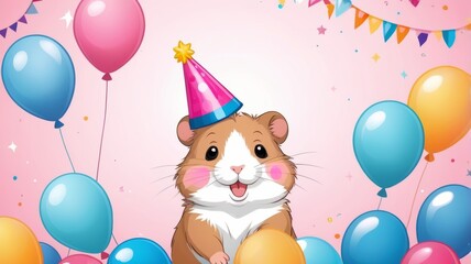 A cheerful hamster wearing a party hat surrounded by colorful balloons, celebrating a joyful birthday.