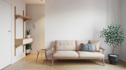 Fototapeta premium Minimalist Interior Design Featuring Cozy Sofa and Plants. Explore a serene minimalist living space with a light-colored sofa, wooden accents, and lush indoor plants for a calming atmosphere...