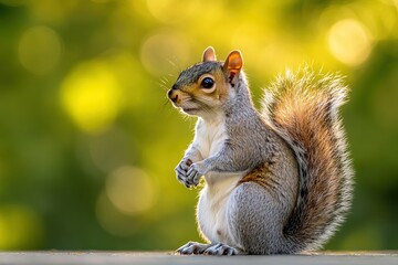 Obraz premium cute fluffy gray squirrel sitting on a green bokeh background with copy space