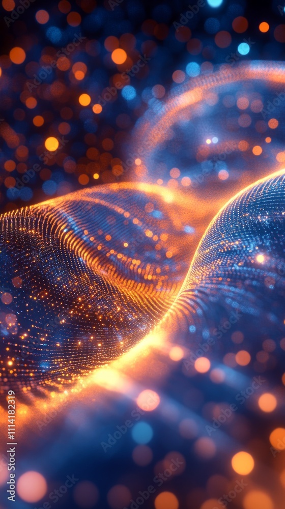 Poster trading data visualization with flowing patterns and vibrant colors in a digital landscape
