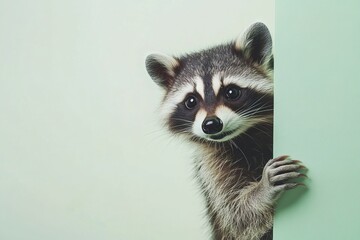 Obraz premium adorable curiously raccoon peeking out from the side of light mint color background with copy space