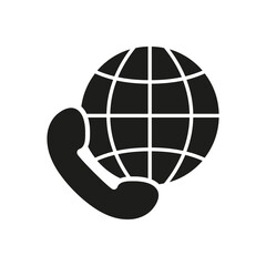 Global Communication Silhouette Icon with Phone and Globe. International Online Support Glyph Symbol. Global Connectivity, Worldwide Contact. Isolated Vector Illustration