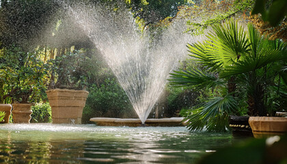 A fountain spraying water in a pond surrounded by potted palm plants and tropical vegetation.