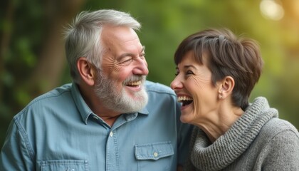 Fototapeta premium A heartwarming scene captures an elderly couple sharing a moment of pure joy, their faces lit up with laughter against a lush, green backdrop. The man's silver beard and the woman's stylish short hair
