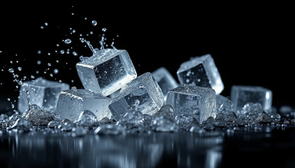 Ice cubes with water splash in motion on black background 