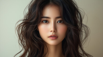 Fototapeta premium Korean woman with wavy hair showcasing natural beauty in a soft light setting