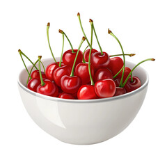 Fresh ripe cherries in a white bowl with glossy finish, isolated on transparent background, healthy snack, delicious organic fruit, perfect for New Year, Christmas, festive lifestyle imagery download