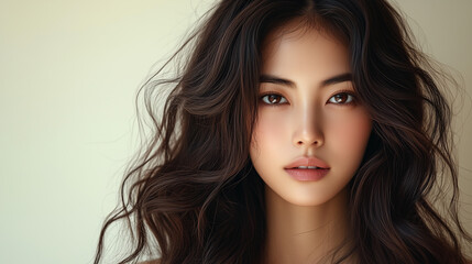 Fototapeta premium Stunning portrait of a Korean woman with flowing dark hair showcasing natural beauty and soft facial features in a serene setting
