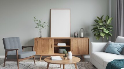 Modern Living Room with Wooden Furniture and Elegant Décor. Stylish living room featuring a wooden cabinet, cozy seating, and decorative plants, ideal for interior design inspiration.
