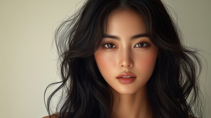 Naklejka premium Portrait of a Korean woman with flowing dark hair showcasing natural beauty in a soft light setting