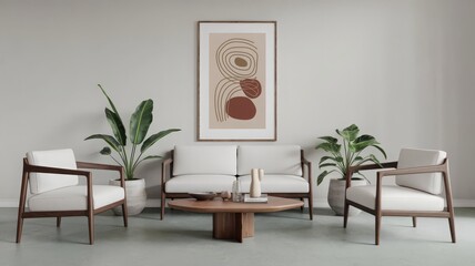 Modern Living Room with Stylish Furniture and Art. Explore this contemporary living room featuring chic seating, lush plants, and a modern art piece, perfect for interior design inspiration.
