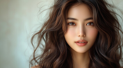 Fototapeta premium Beautiful Korean woman with flowing hair poses softly against a light backdrop in a serene atmosphere