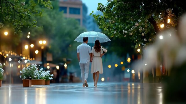 Young caucasian couple walking in rain at night with umbrella on romantic city street