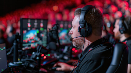 Obraz premium E-sports events stream live globally. Gamer focused on competitive eSports event