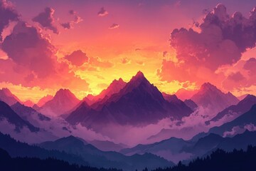 Majestic sunset over mountain peaks with vibrant colors. Generative AI