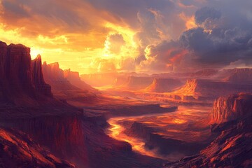 Sunset over a dramatic canyon landscape at dusk. Generative AI