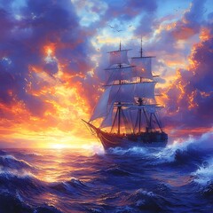 Obraz premium Enchanting sunset highlighting sailing ship cutting through still ocean waves picture