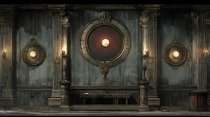 Dark  Gothic  Antique Room Interior  Old Wall  Columns  and Ornate Frames