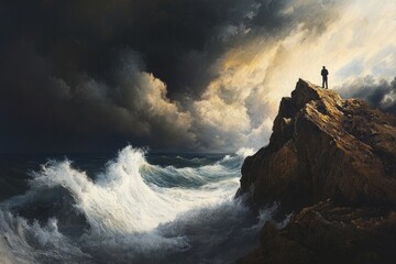 Dramatic seascape with rocky cliff and stormy skies. Generative AI
