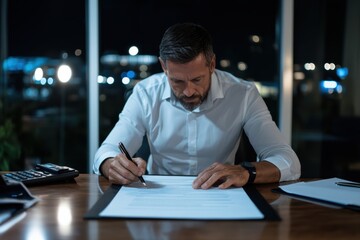 Fototapeta premium A man in a white shirt is diligently completing paperwork at night, illuminated by soft office lights, showcasing his dedication and focus on important tasks.