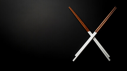 Two crossed chopsticks on a black background,Top-down view, high resolution