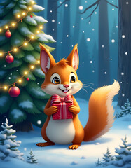 Fototapeta premium A cute squirrel holds a gift in the snowy forest in front of a Christmas tree.